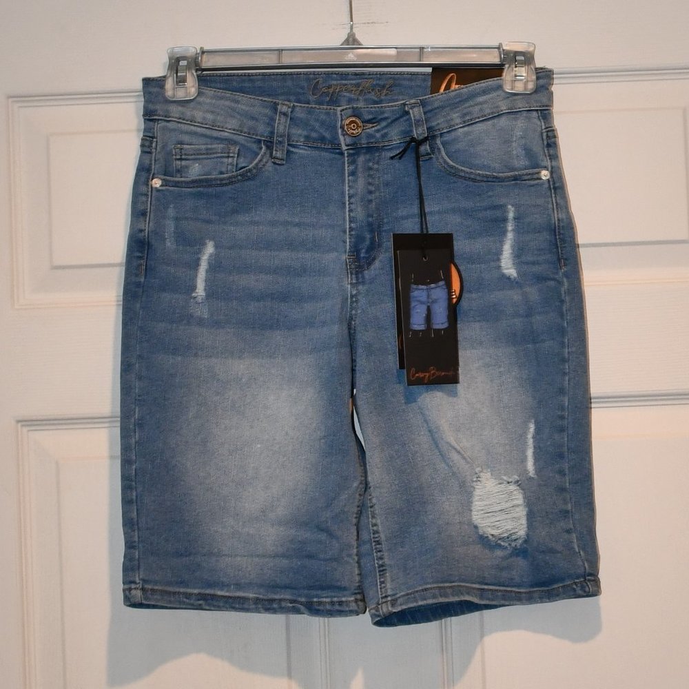 Copper Flash Curvy 9" Mid Rise Bermuda SIZE 6 Blue Denim Distressed Shorts NWT